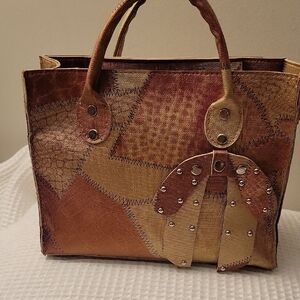 Patchwork Leather Tote Bag - Brown and Gold 9wide 7lenght